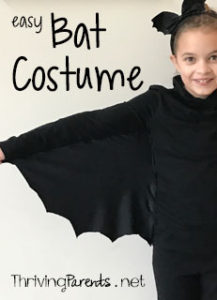 This bat costume is super easy and perfect for a child or an adult. It only requires 4 long stitches on a sewing machines or can be sewn by hand.
